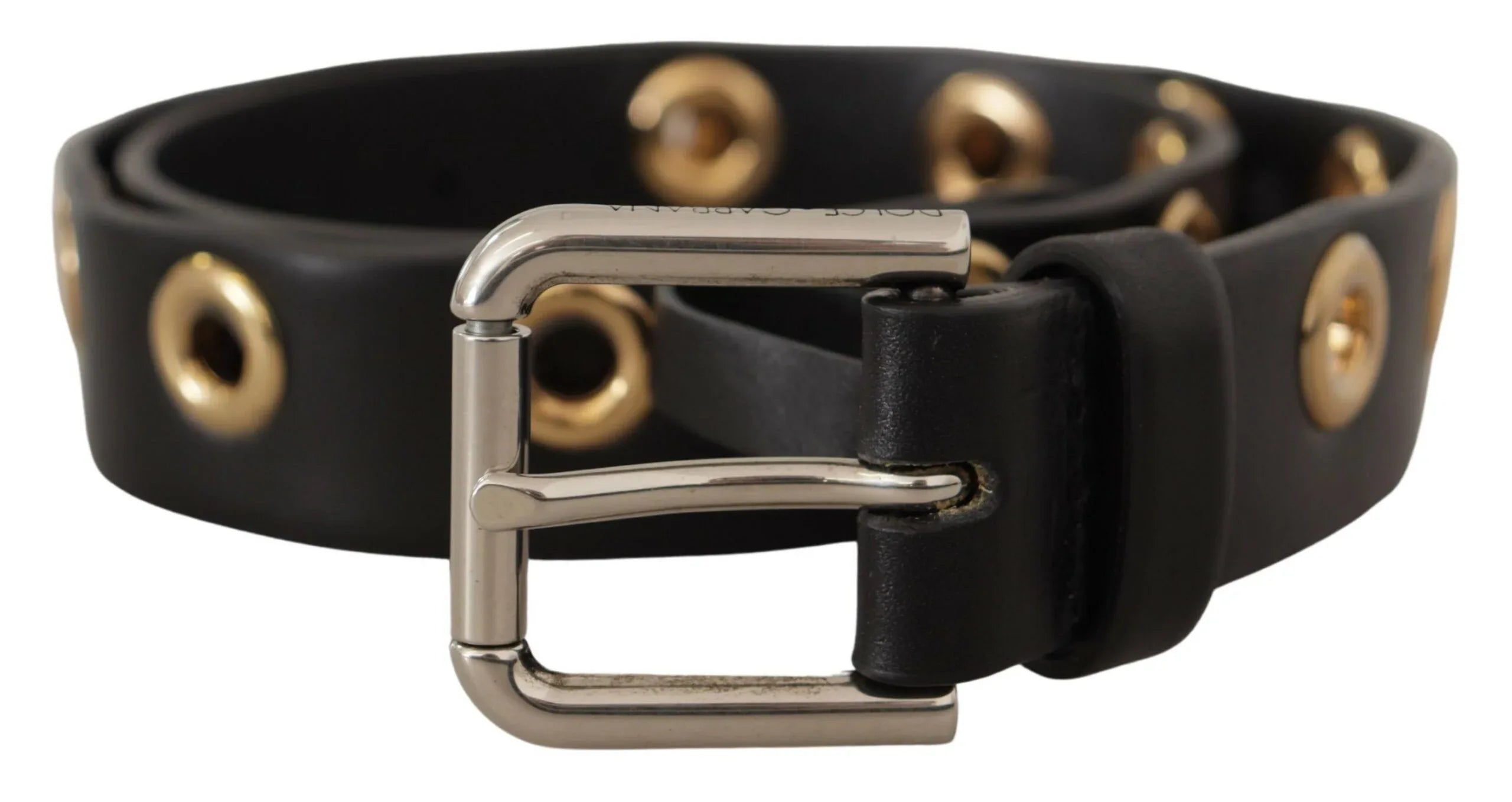Dolce & Gabbana Black Leather Eyelet Silver Tone Metal Buckle Belt - Zeiniez