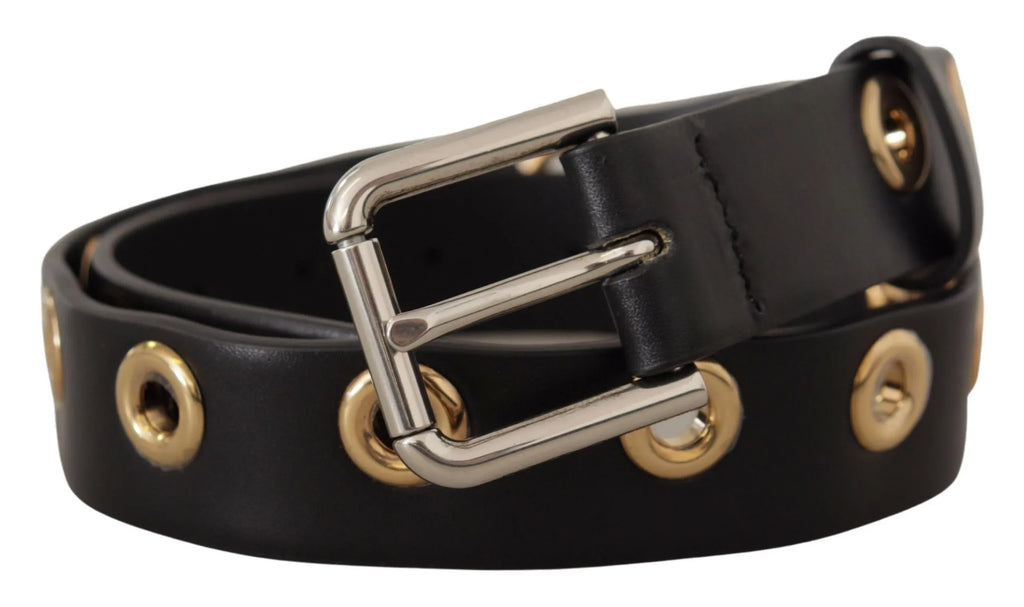 Dolce & Gabbana Black Leather Eyelet Silver Tone Metal Buckle Belt - Zeiniez