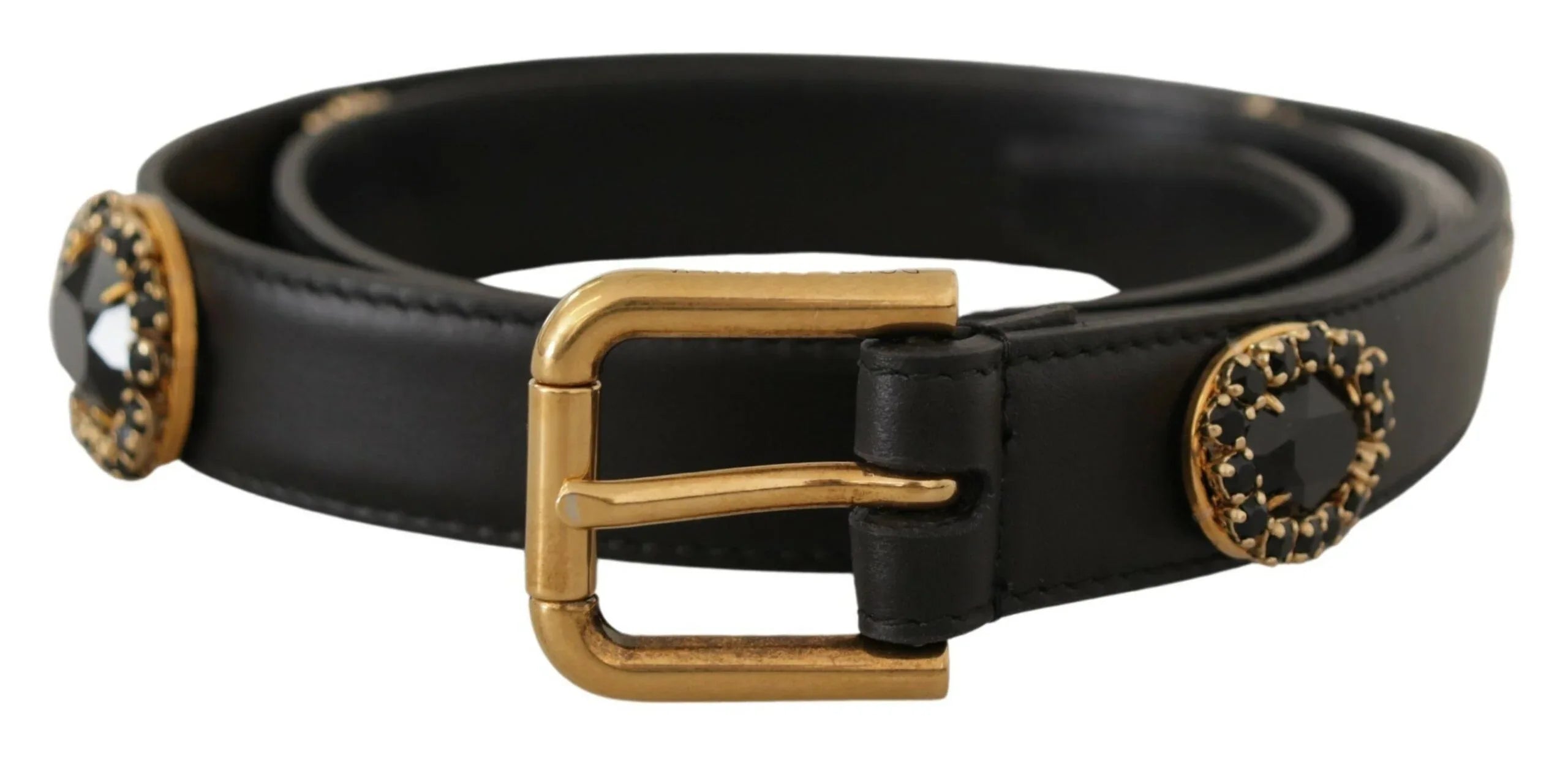 Dolce & Gabbana Black Leather Embellished Crystal Logo Belt - Zeiniez