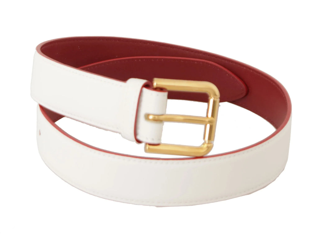 Dolce & Gabbana White Calf Leather Two-Toned Gold Metal Buckle Belt - Zeiniez