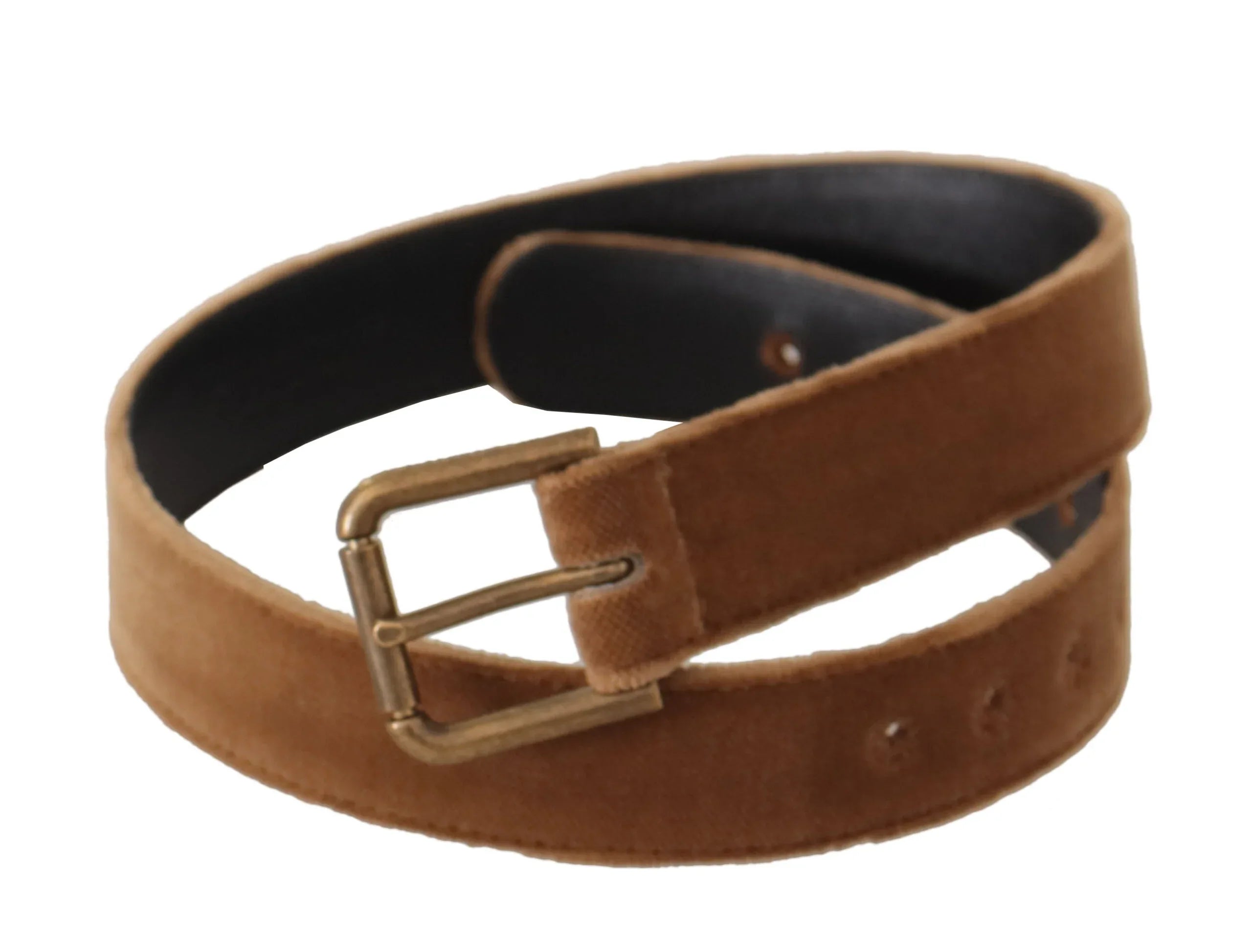 Dolce & Gabbana Brown Velvet Bronze Vintage Logo Metal Buckle Belt - Zeiniez