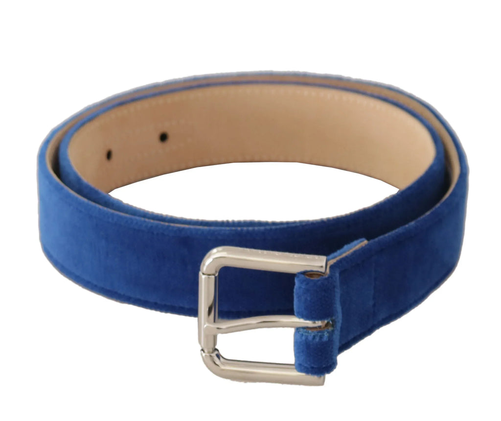 Dolce & Gabbana Blue Velvet Silver Logo Engraved Metal Buckle Belt - Zeiniez