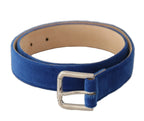 Dolce & Gabbana Blue Velvet Silver Logo Engraved Metal Buckle Belt - Zeiniez