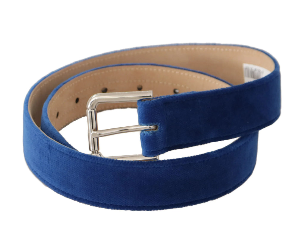 Dolce & Gabbana Blue Velvet Silver Logo Engraved Metal Buckle Belt - Zeiniez