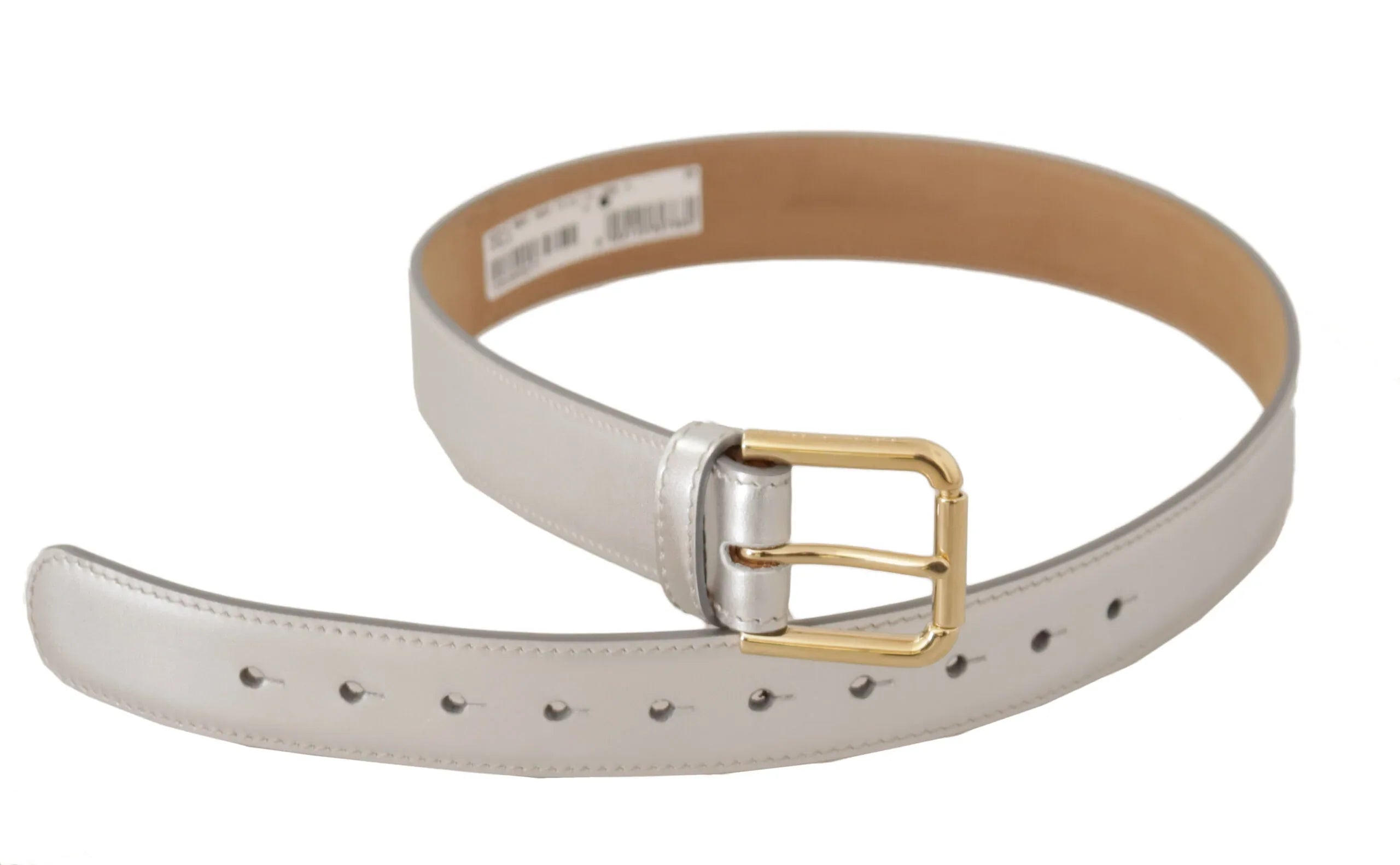 Dolce & Gabbana Silver Leather Gold Tone Logo Metal Buckle Belt - Zeiniez