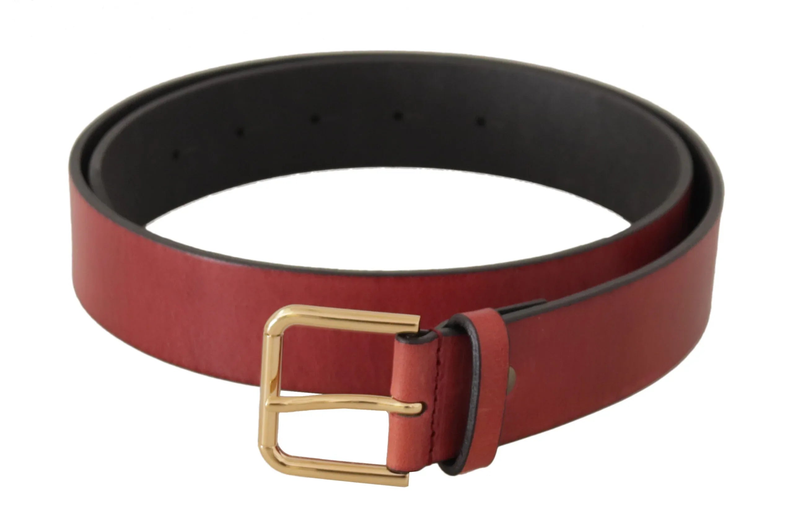 Dolce & Gabbana Red Leather Gold Logo Engraved Metal Buckle Belt - Zeiniez