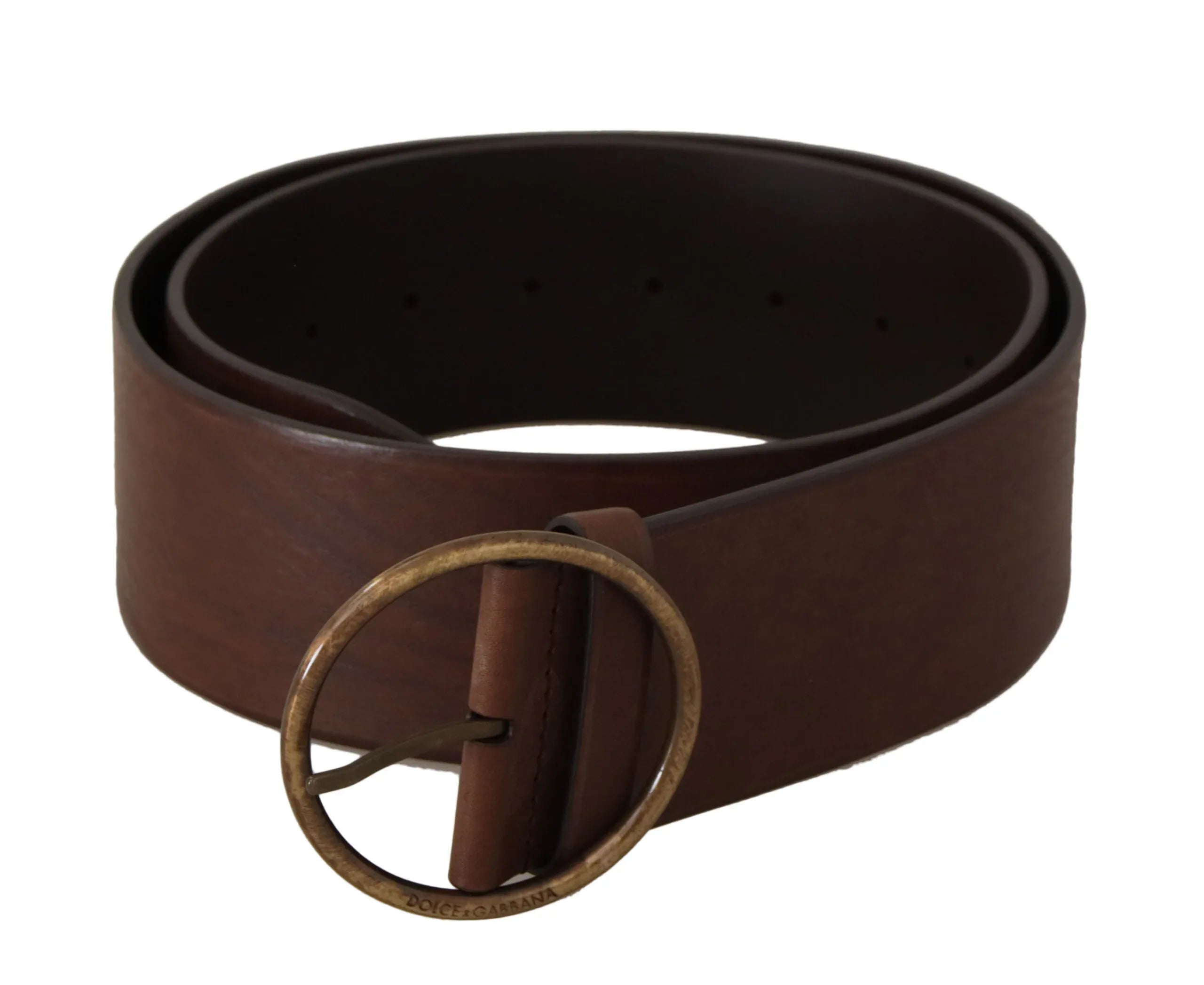 Dolce & Gabbana Brown Leather Wide Waist Logo Metal Round Buckle Belt - Zeiniez