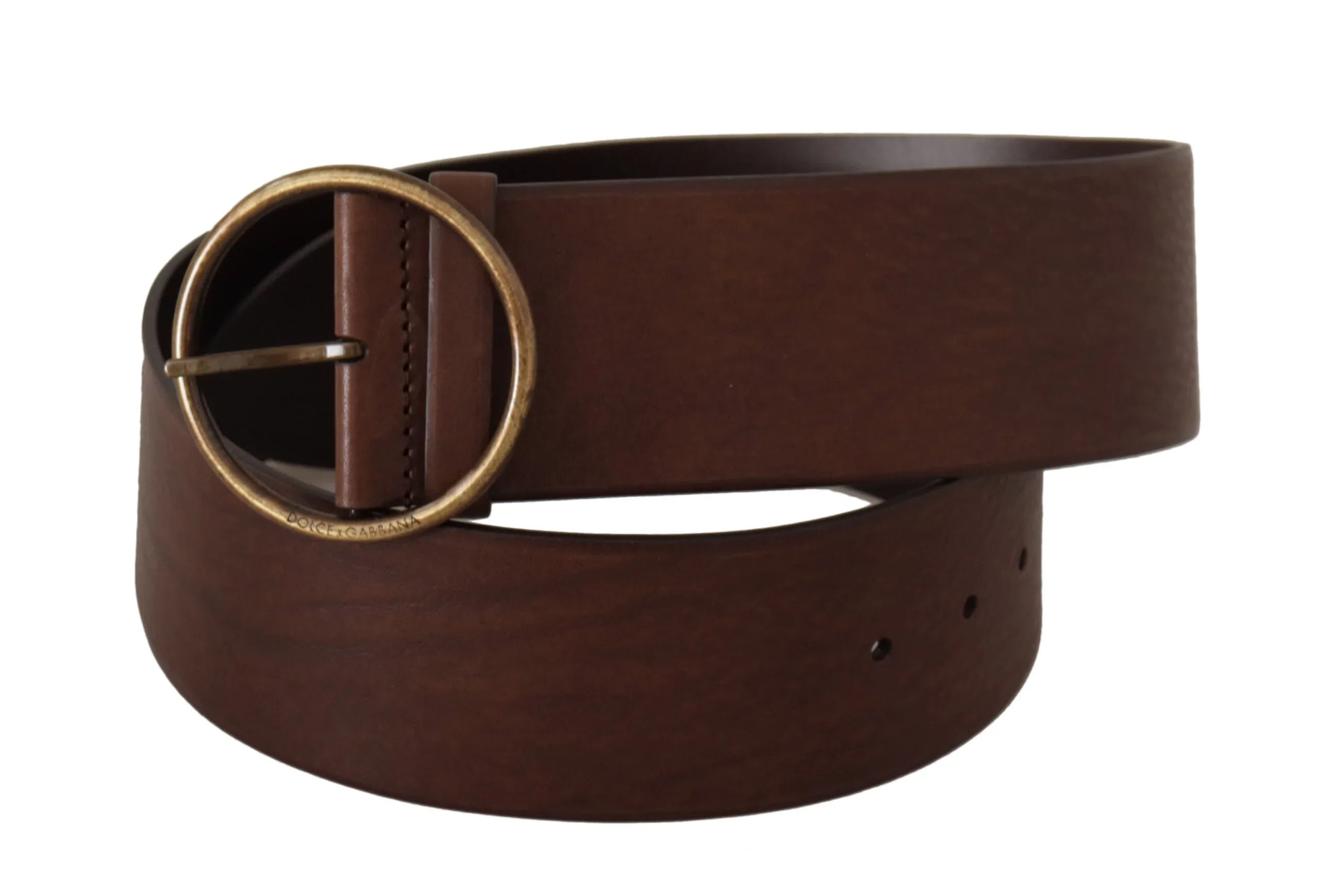 Dolce & Gabbana Brown Leather Wide Waist Logo Metal Round Buckle Belt - Zeiniez
