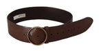 Dolce & Gabbana Brown Leather Wide Waist Logo Metal Round Buckle Belt - Zeiniez