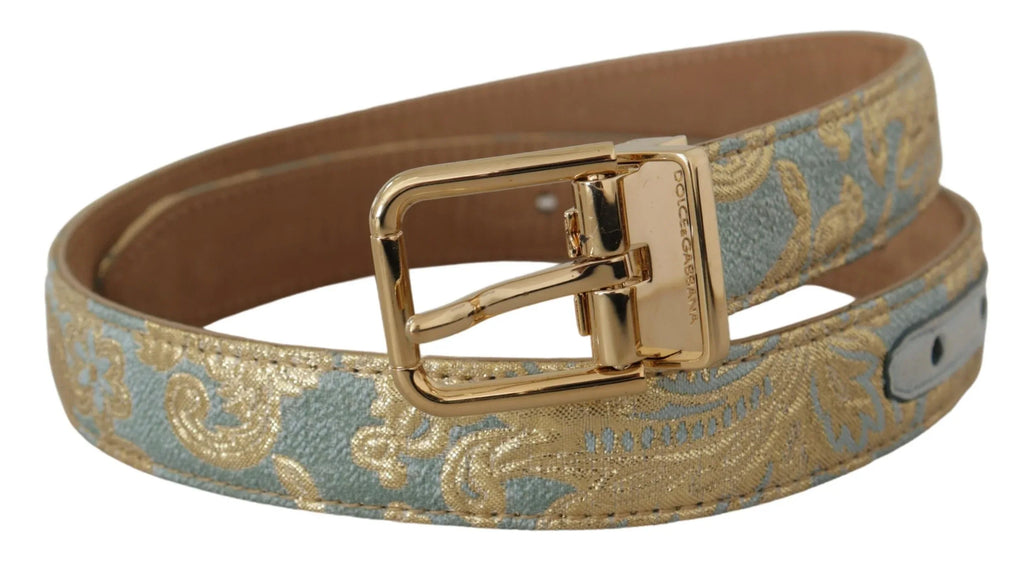 Dolce & Gabbana Blue Leather Jacquard Embossed Gold Metal Buckle Belt - Zeiniez