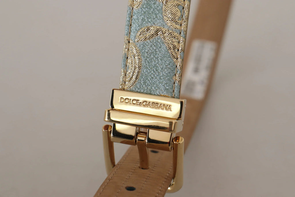 Dolce & Gabbana Blue Leather Jacquard Embossed Gold Metal Buckle Belt - Zeiniez