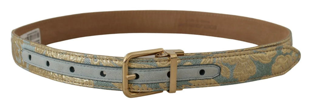Dolce & Gabbana Blue Leather Jacquard Embossed Gold Metal Buckle Belt - Zeiniez