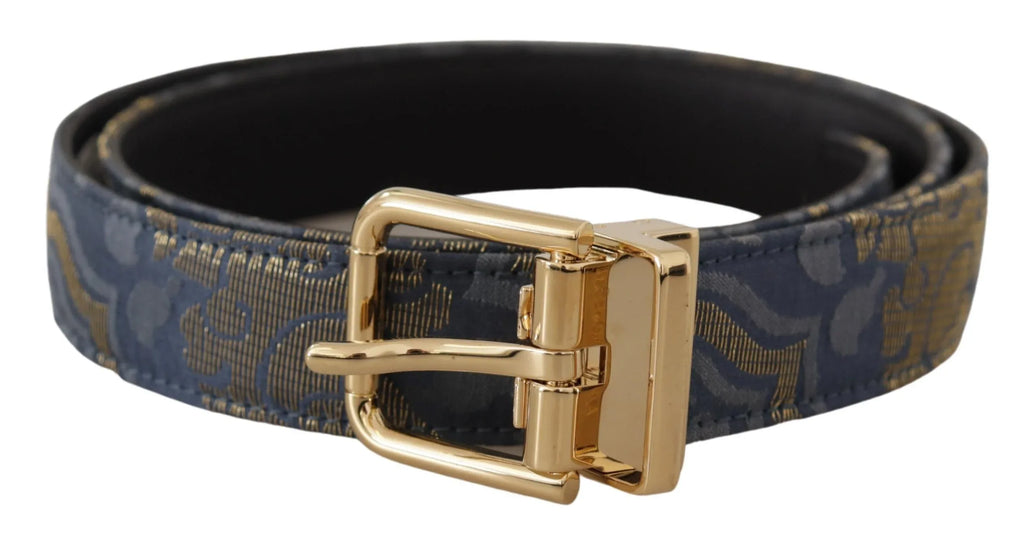 Dolce & Gabbana Navy Blue Jacquard Gold Tone Logo Metal Buckle Belt - Zeiniez