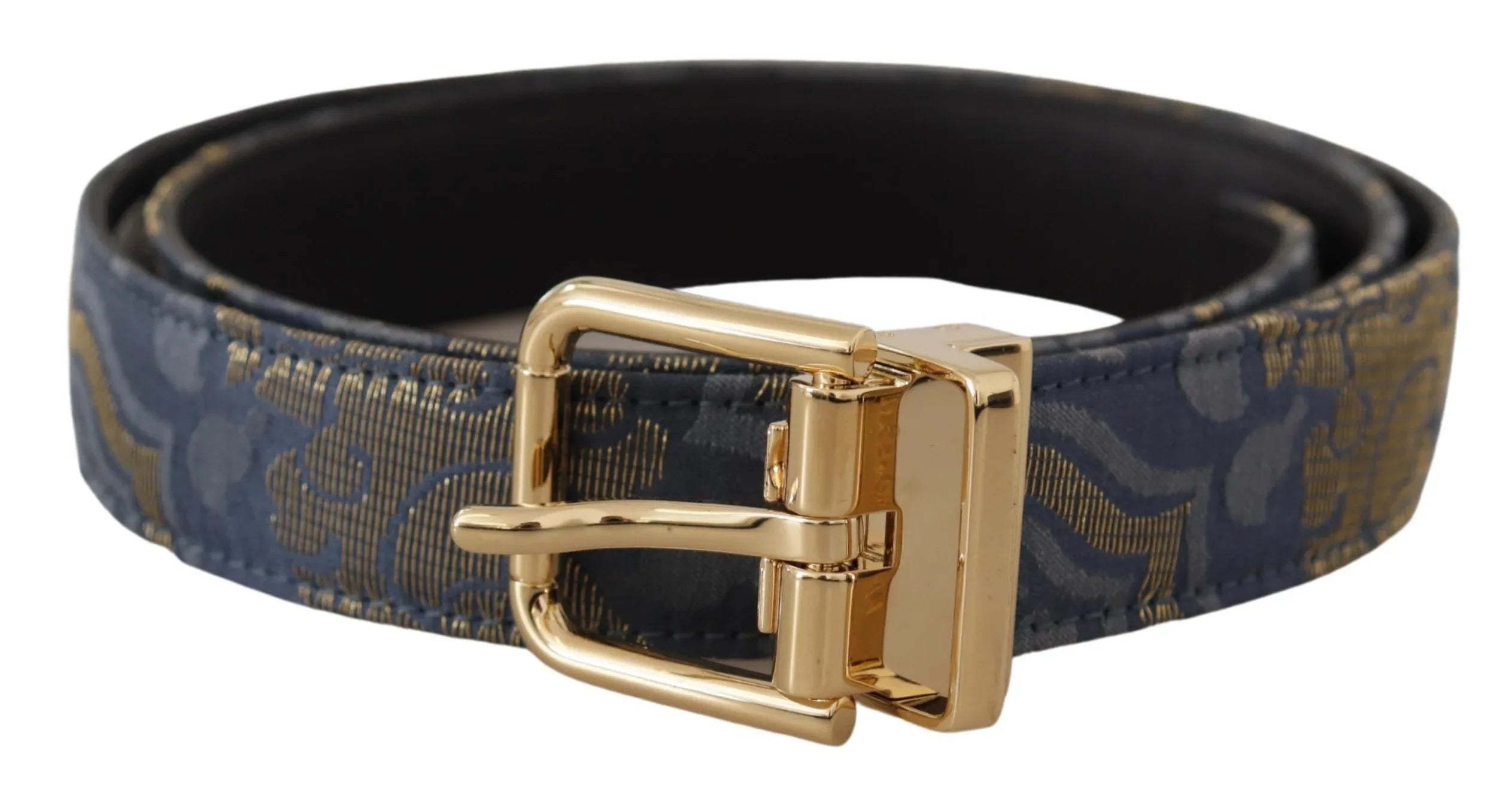 Dolce & Gabbana Navy Blue Jacquard Gold Tone Logo Metal Buckle Belt - Zeiniez