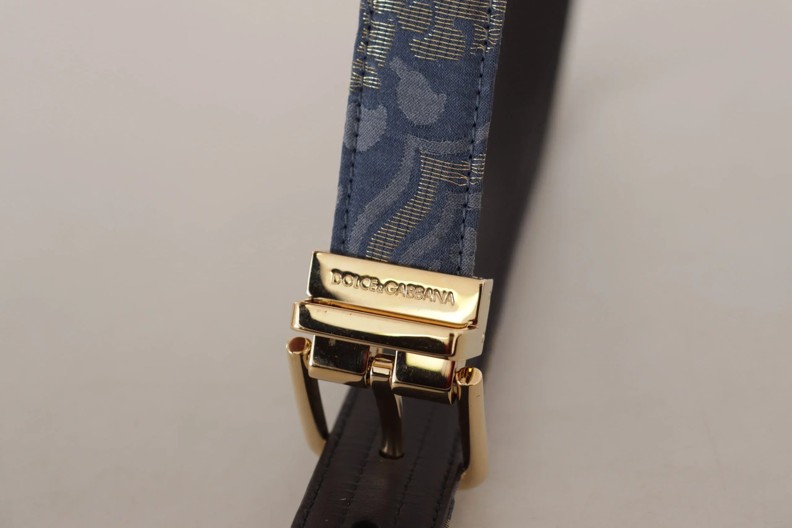 Dolce & Gabbana Navy Blue Jacquard Gold Tone Logo Metal Buckle Belt - Zeiniez