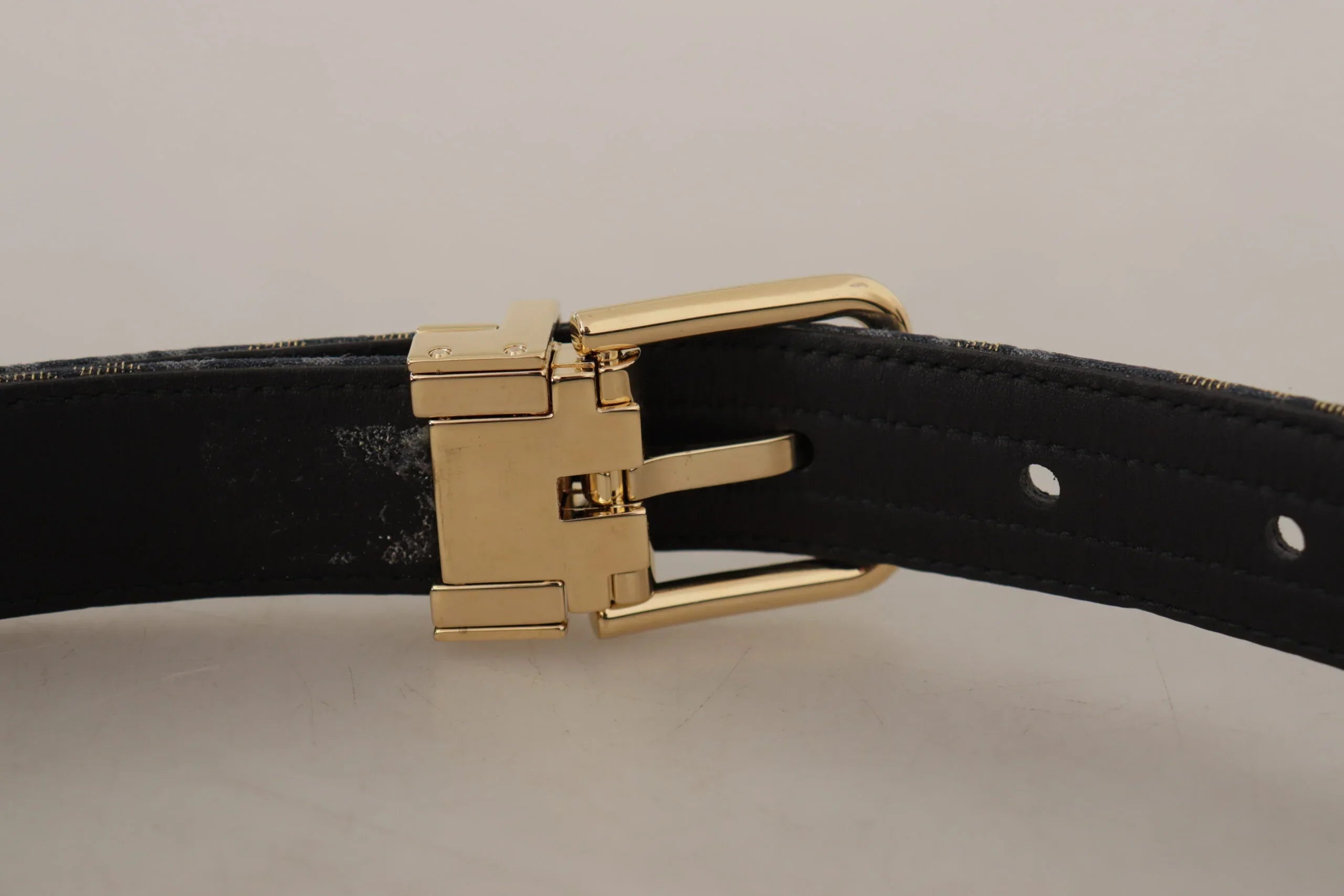 Dolce & Gabbana Navy Blue Jacquard Gold Tone Logo Metal Buckle Belt - Zeiniez