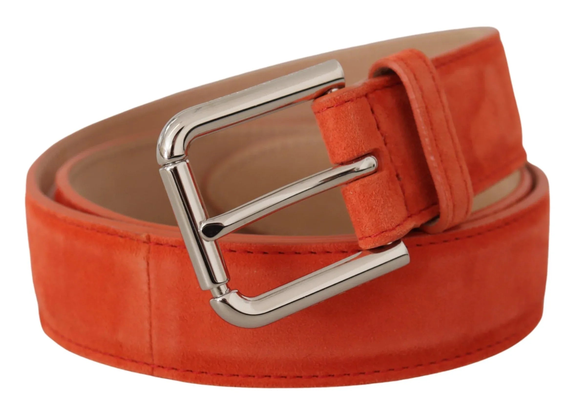Dolce & Gabbana Orange Leather Suede Silver Logo Metal Buckle Belt - Zeiniez