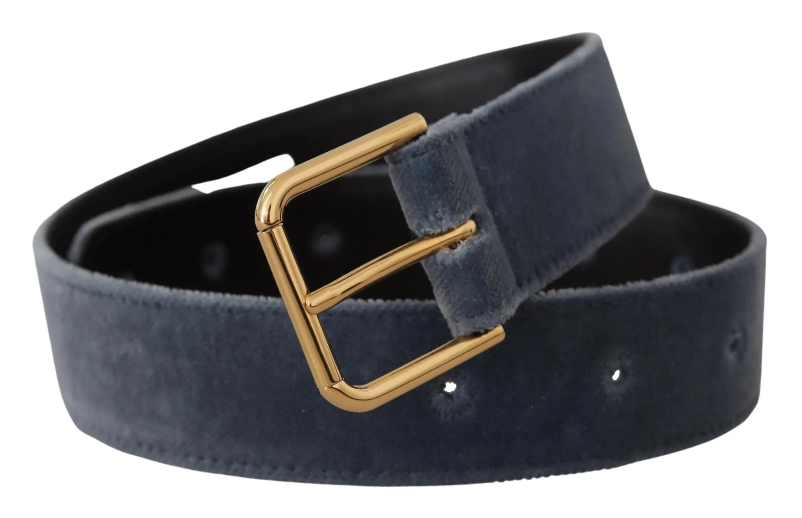 Dolce & Gabbana Navy Blue Velvet Gold Metal Logo Waist Buckle Belt - Zeiniez