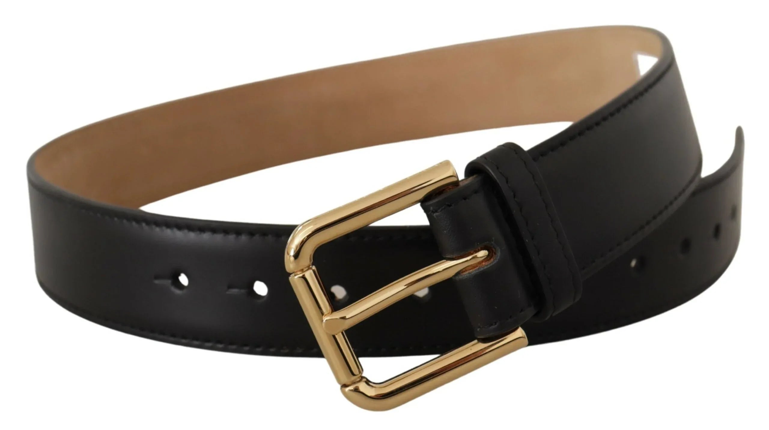 Dolce & Gabbana Black Solid Leather Classic Gold Waist Buckle Belt - Zeiniez