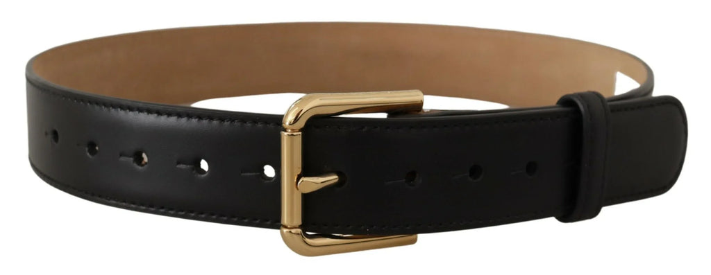 Dolce & Gabbana Black Solid Leather Classic Gold Waist Buckle Belt - Zeiniez