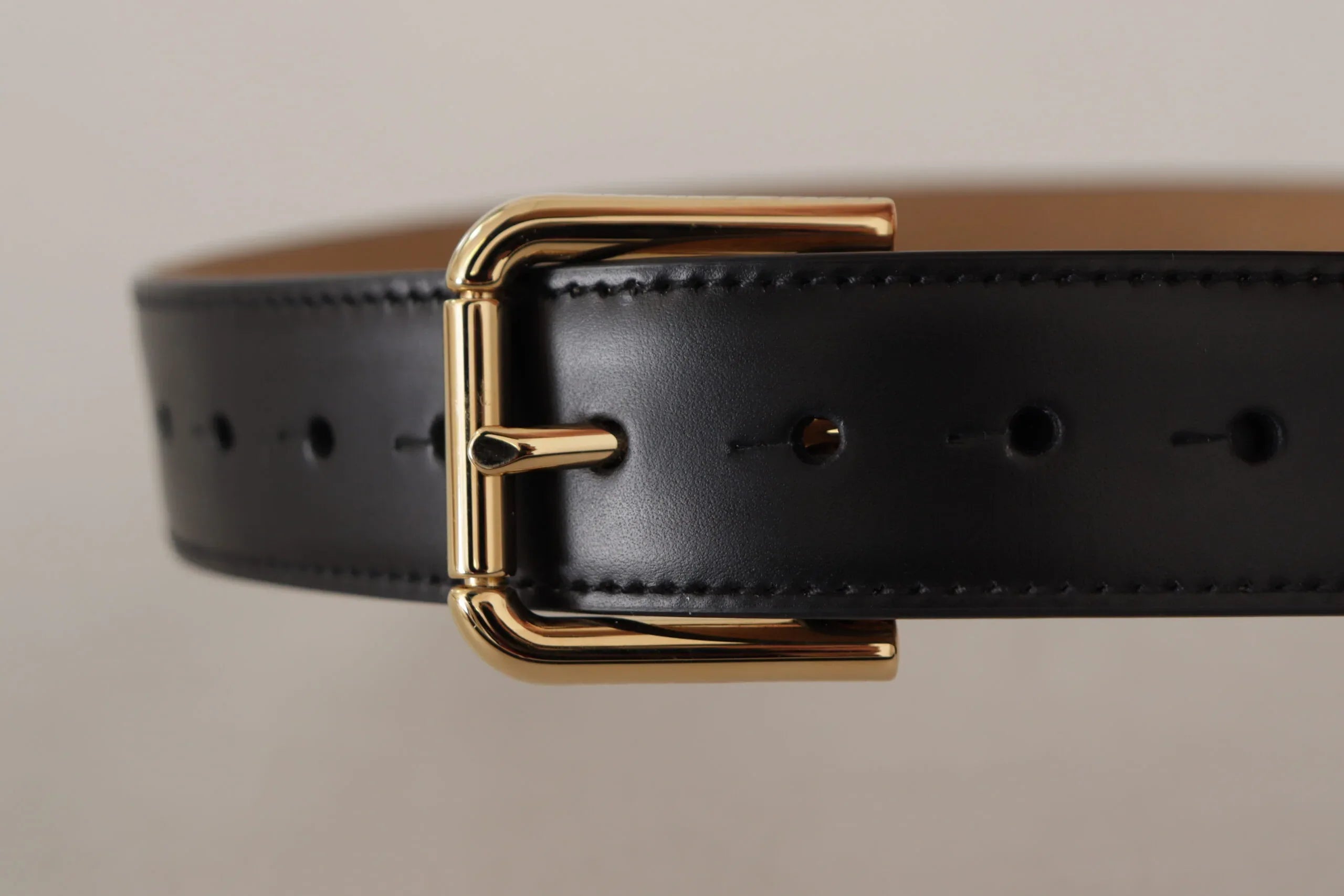 Dolce & Gabbana Black Solid Leather Classic Gold Waist Buckle Belt - Zeiniez