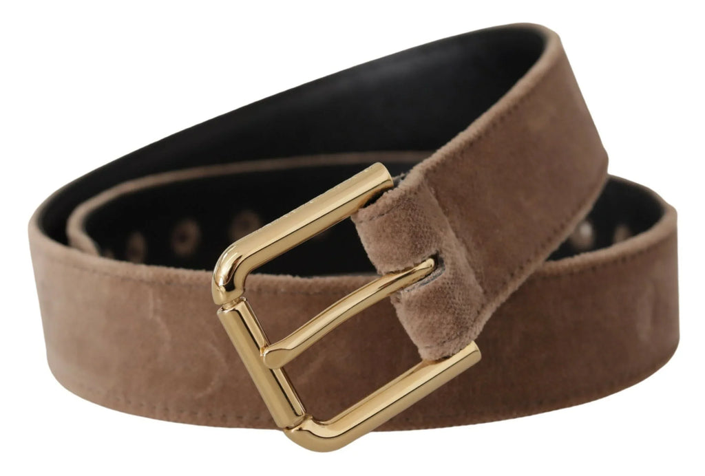 Dolce & Gabbana Light Brown Velvet Gold Tone Logo Metal Buckle Belt - Zeiniez