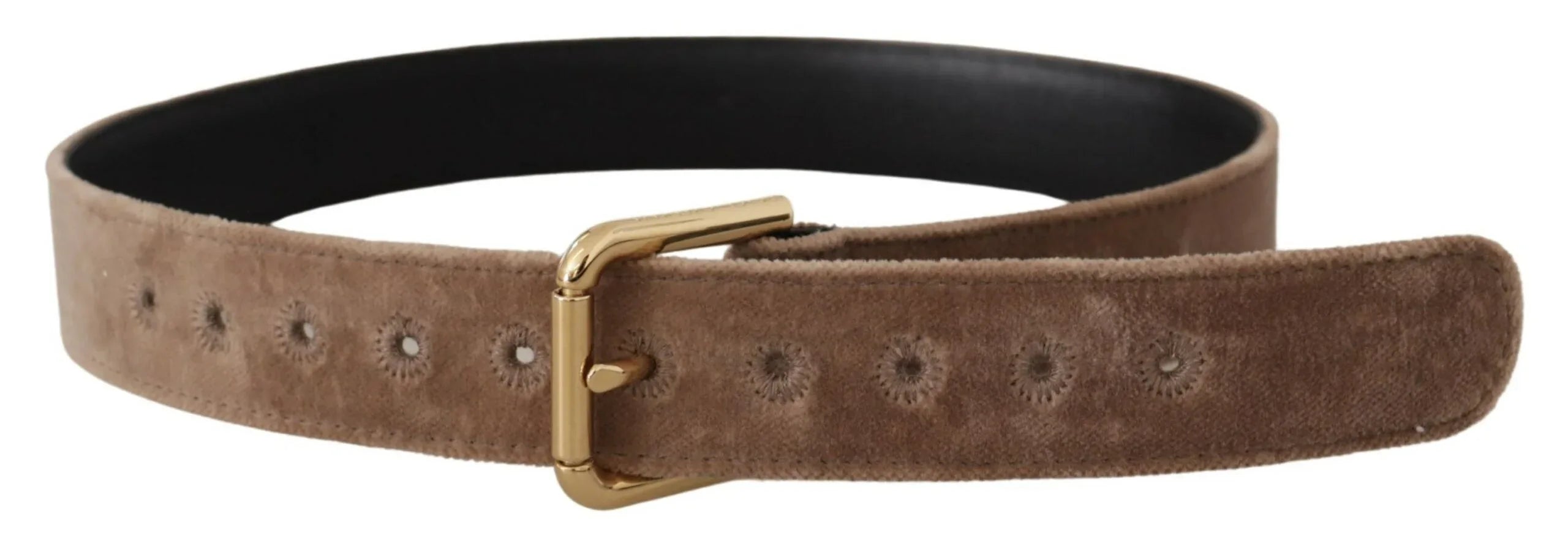 Dolce & Gabbana Light Brown Velvet Gold Tone Logo Metal Buckle Belt - Zeiniez