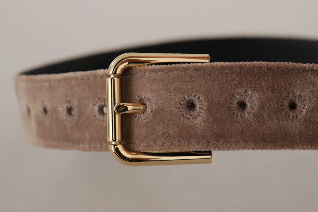 Dolce & Gabbana Light Brown Velvet Gold Tone Logo Metal Buckle Belt - Zeiniez