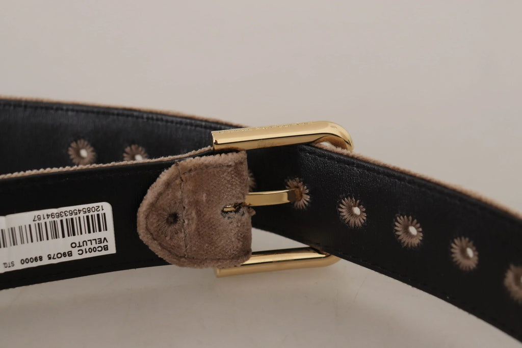 Dolce & Gabbana Light Brown Velvet Gold Tone Logo Metal Buckle Belt - Zeiniez