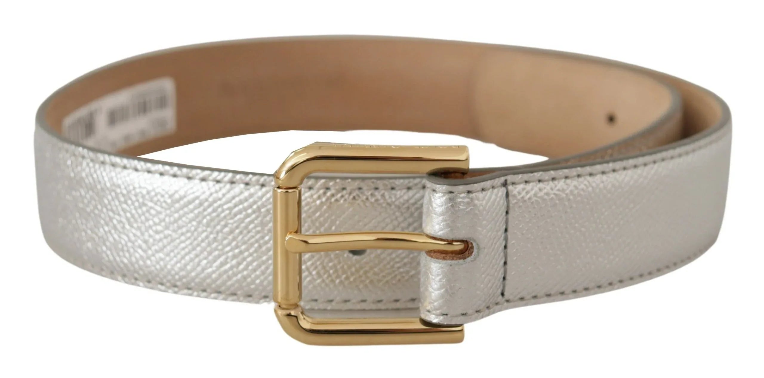 Dolce & Gabbana Silver Leather Gold Tone Logo Metal Waist Buckle Belt - Zeiniez