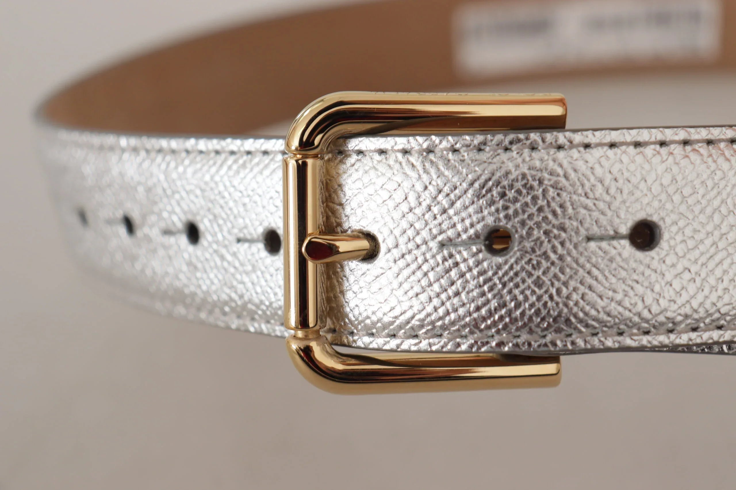 Dolce & Gabbana Silver Leather Gold Tone Logo Metal Waist Buckle Belt - Zeiniez