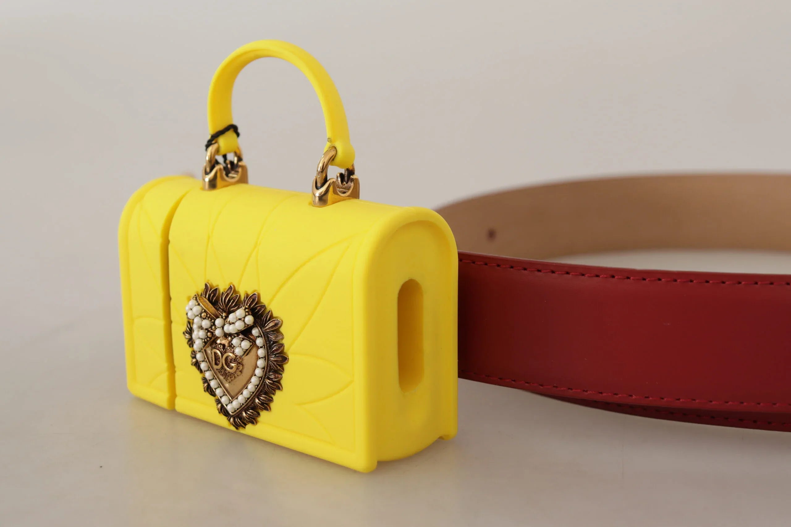 Dolce & Gabbana Red Leather Yellow DEVOTION Heart Bag Buckle Belt - Zeiniez