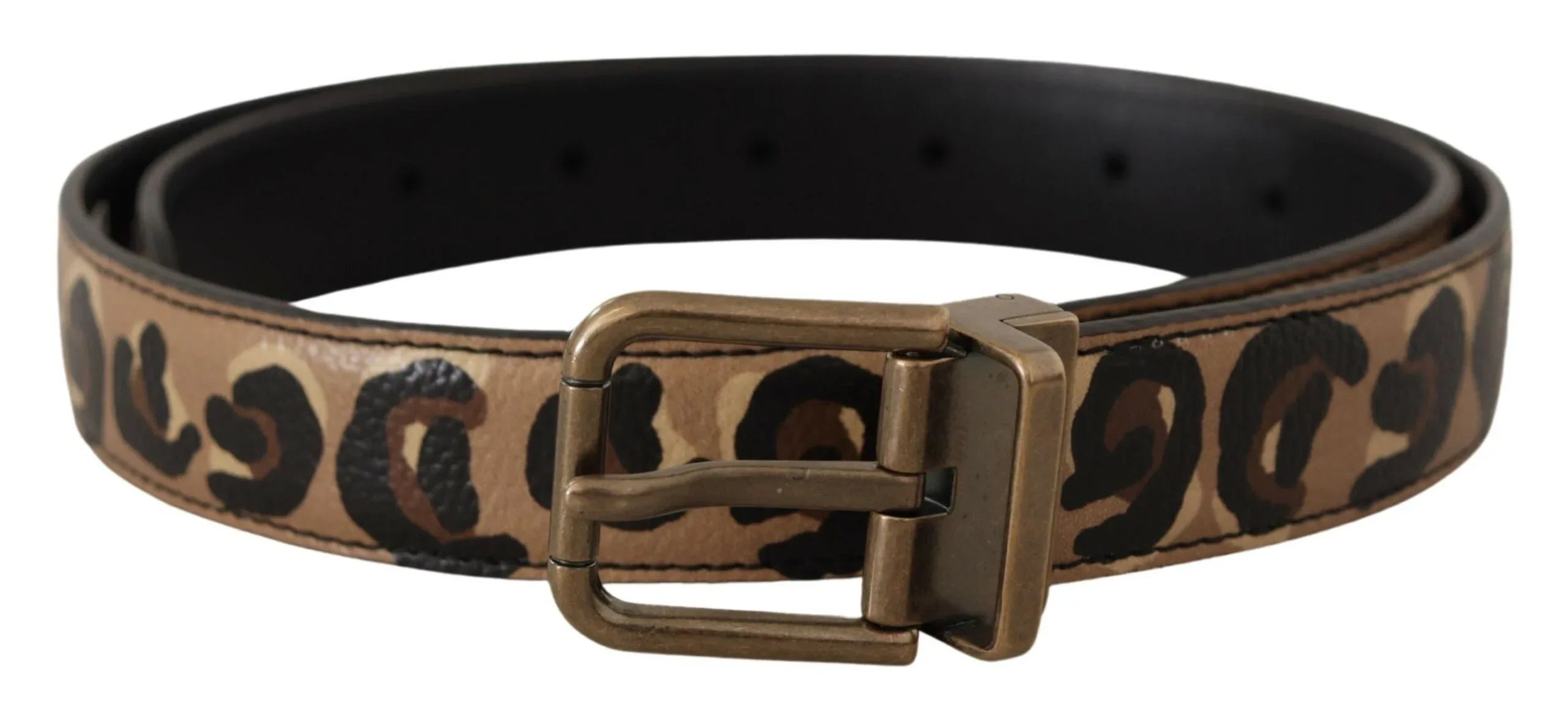 Dolce & Gabbana Brown Leather Leopard Print Bronze Metal Buckle Belt - Zeiniez