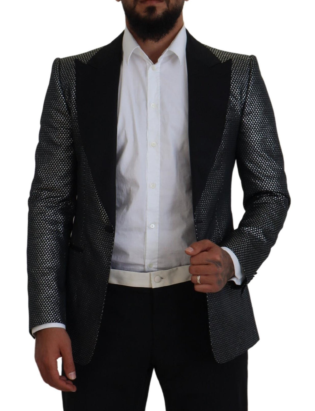 Dolce & Gabbana Black Silver Jacquard Slim Fit Jacket Blazer - Zeiniez