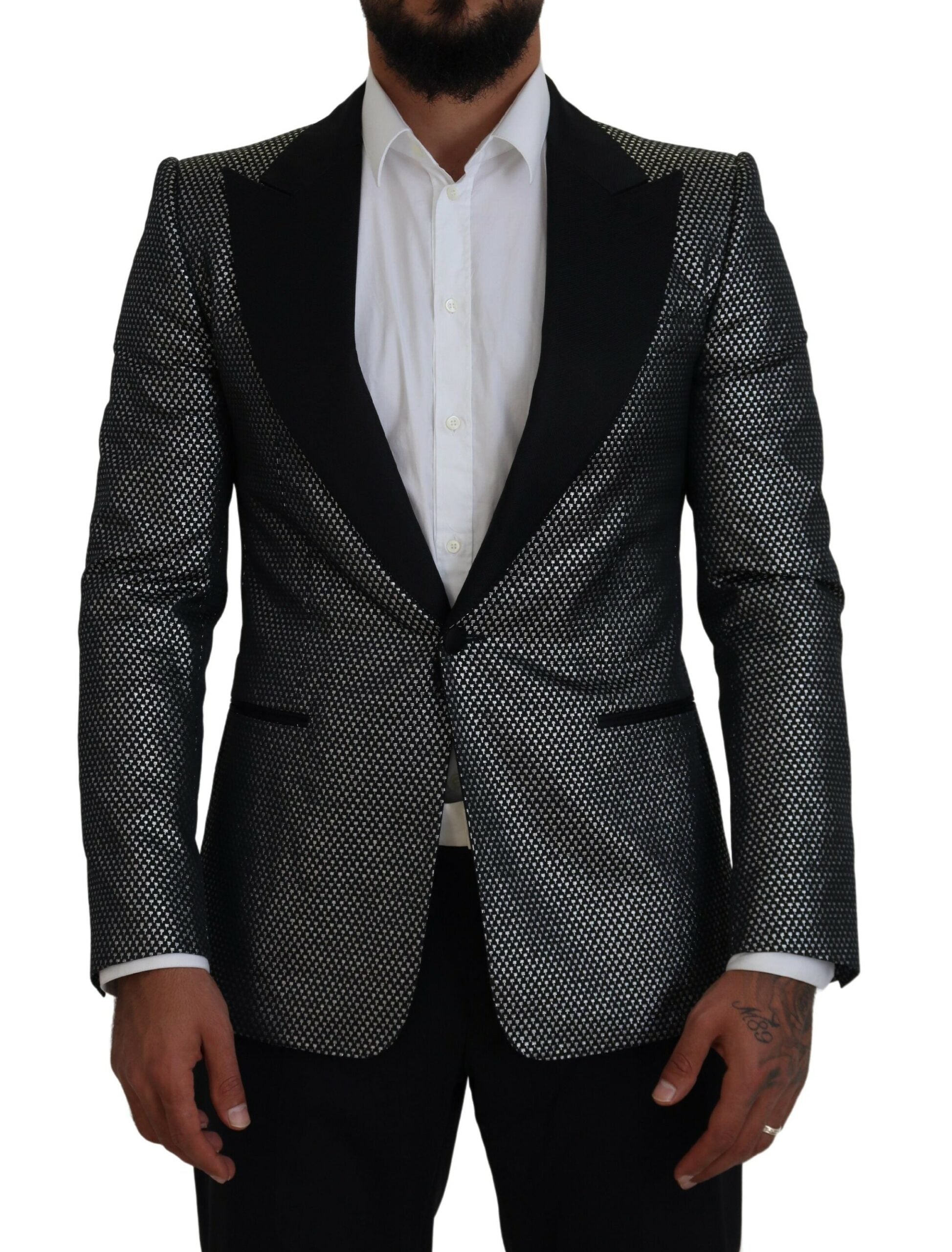 Dolce & Gabbana Black Silver Jacquard Slim Fit Jacket Blazer - Zeiniez