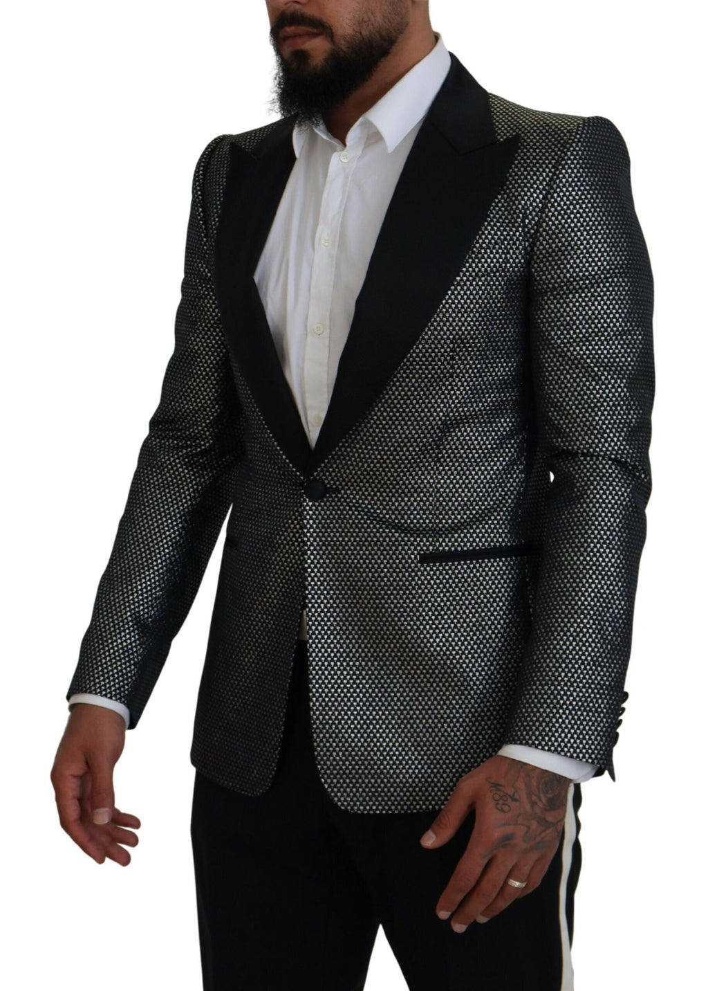 Dolce & Gabbana Black Silver Jacquard Slim Fit Jacket Blazer - Zeiniez
