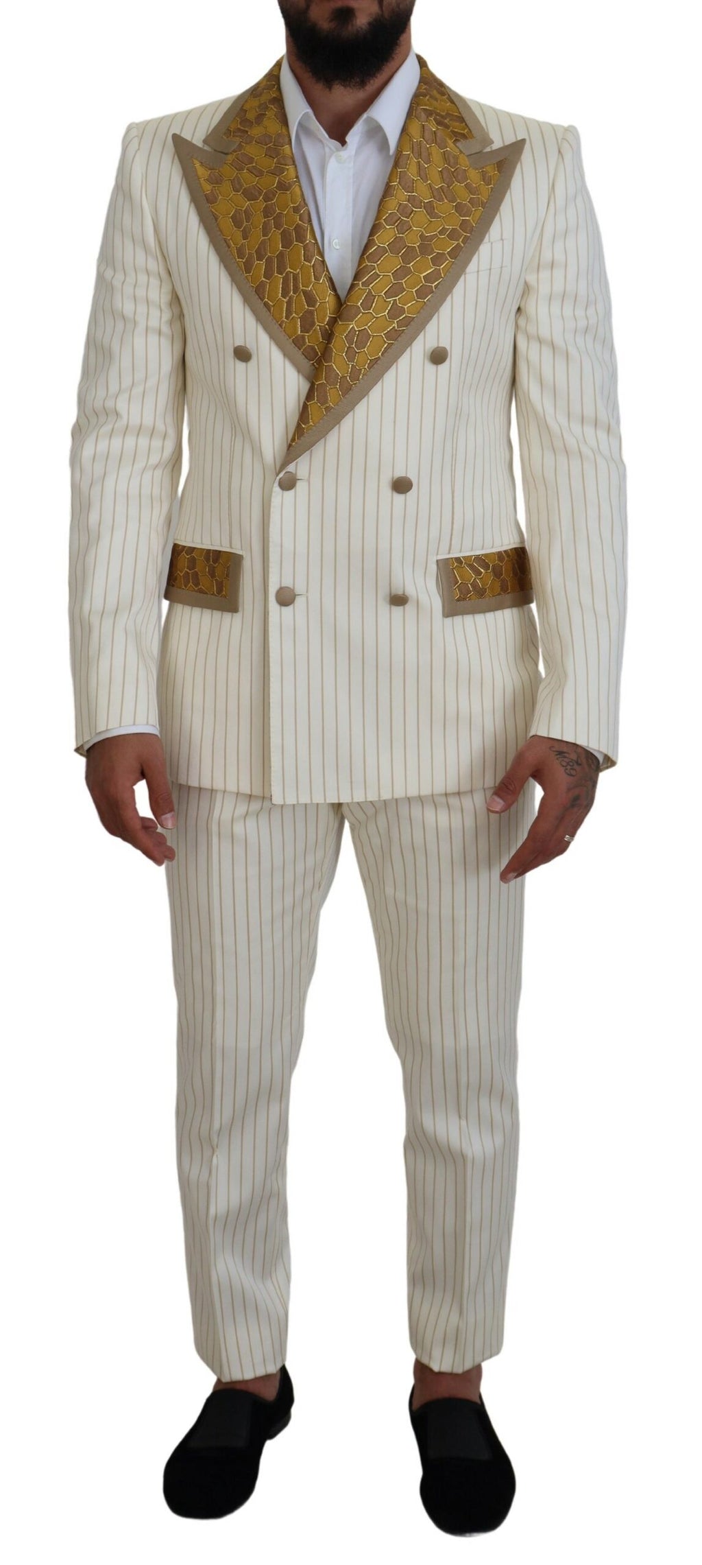 Dolce & Gabbana Off White Gold Striped Tuxedo Slim Fit Suit - Zeiniez
