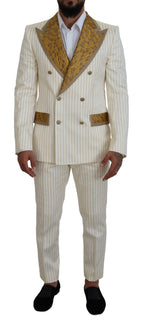 Dolce & Gabbana Off White Gold Striped Tuxedo Slim Fit Suit - Zeiniez