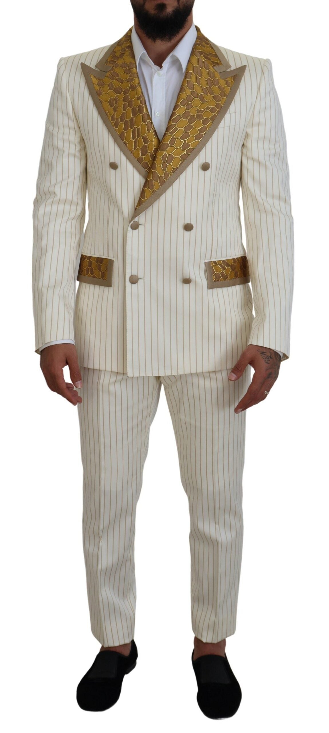 Dolce & Gabbana Off White Gold Striped Tuxedo Slim Fit Suit - Zeiniez