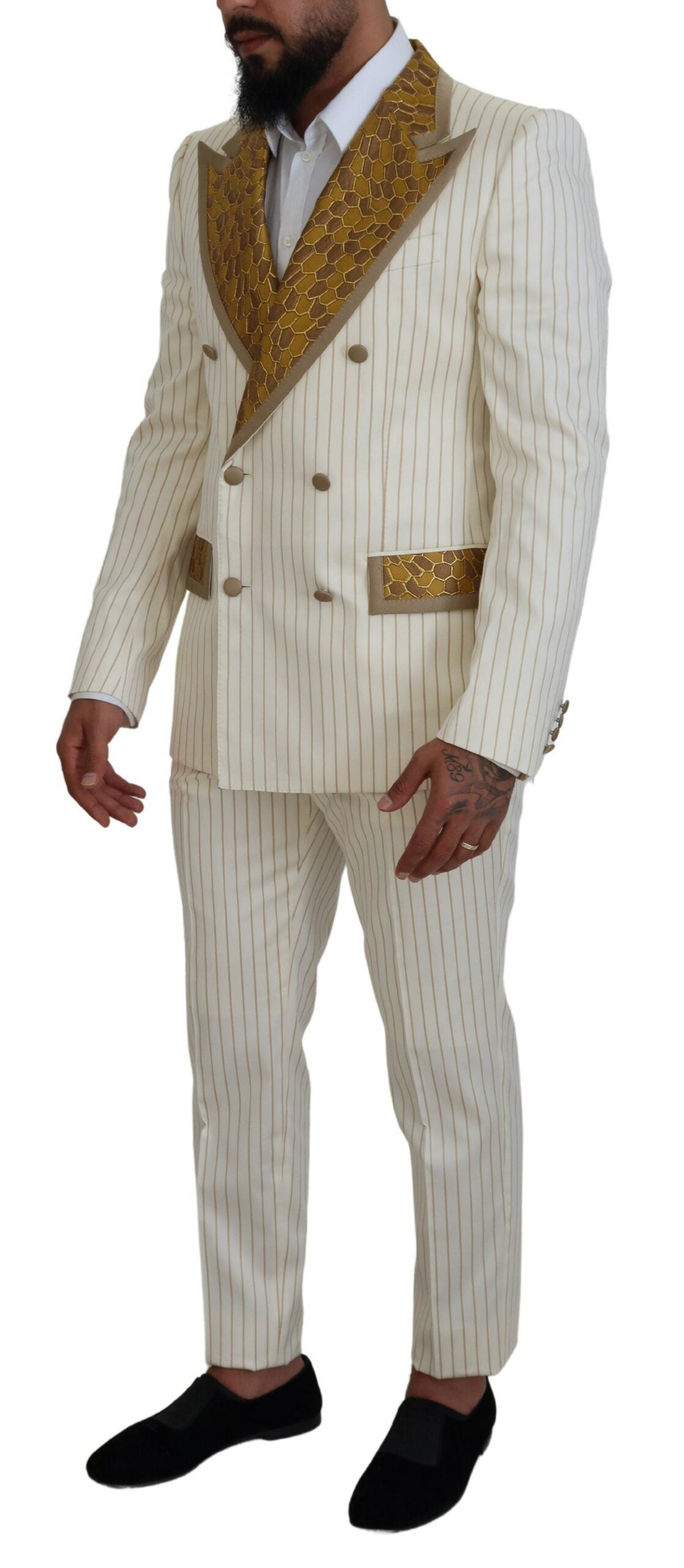 Dolce & Gabbana Off White Gold Striped Tuxedo Slim Fit Suit - Zeiniez