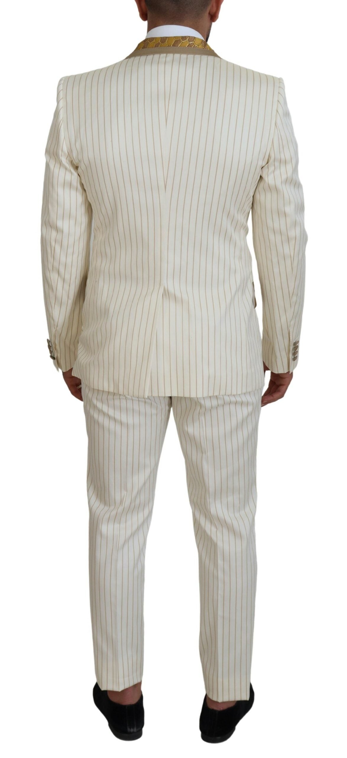 Dolce & Gabbana Off White Gold Striped Tuxedo Slim Fit Suit - Zeiniez