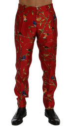 Dolce & Gabbana Red Silk Bird Print Dress Pants - Zeiniez