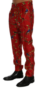 Dolce & Gabbana Red Silk Bird Print Dress Pants - Zeiniez