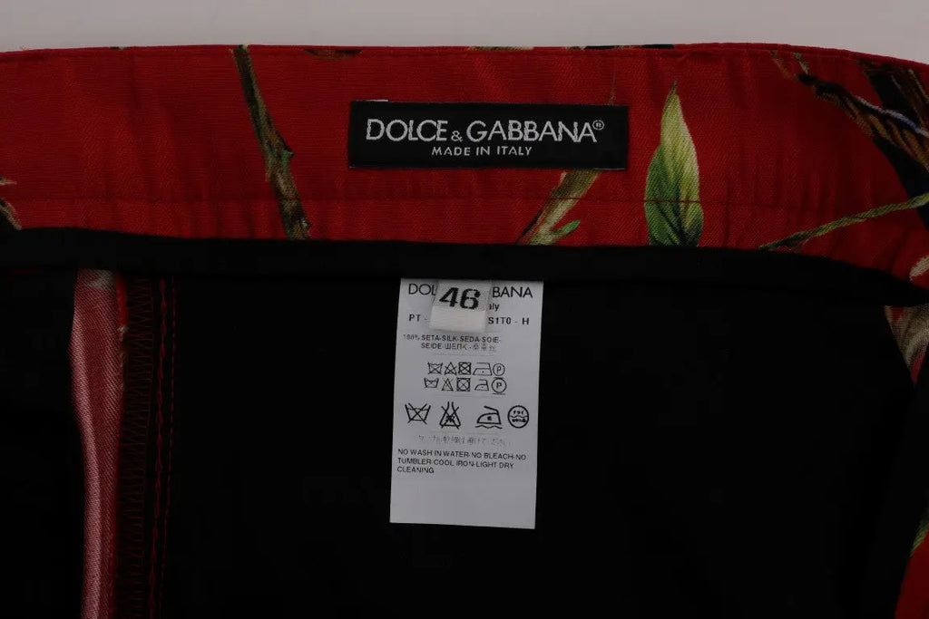 Dolce & Gabbana Red Silk Bird Print Dress Pants - Zeiniez
