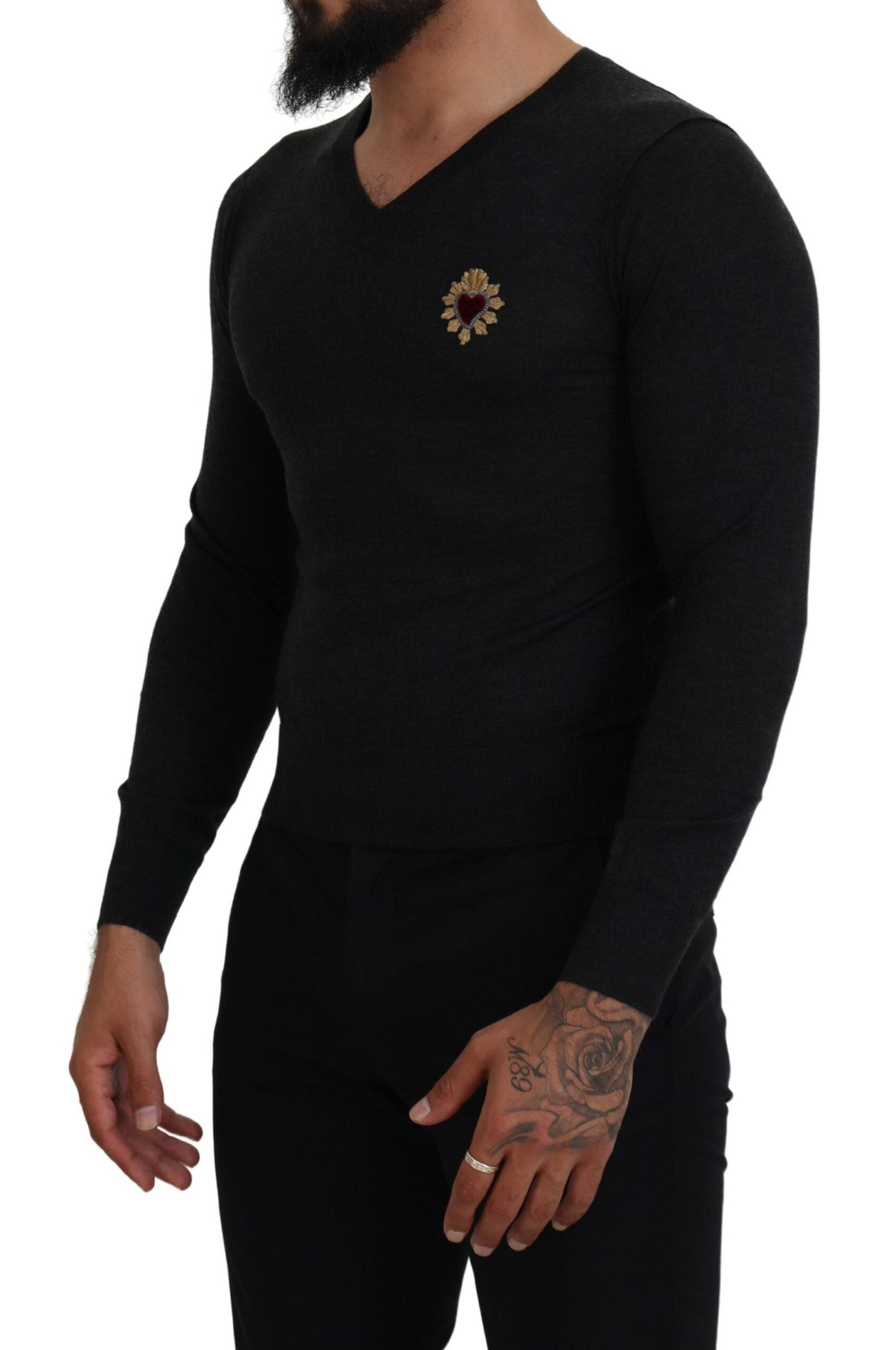 Dolce & Gabbana Gray Cashmere V-neck Gold Heart Sweater - Zeiniez