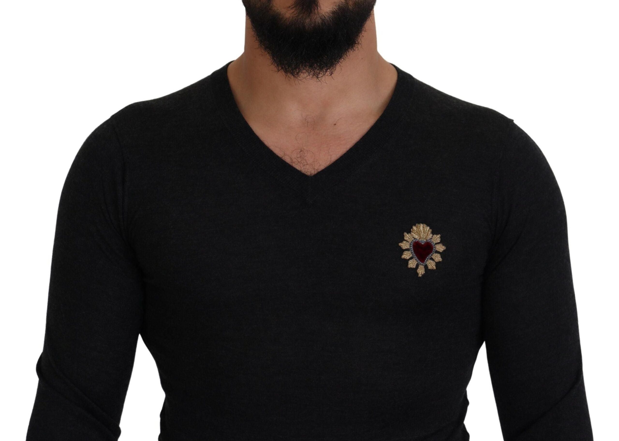 Dolce & Gabbana Gray Cashmere V-neck Gold Heart Sweater - Zeiniez