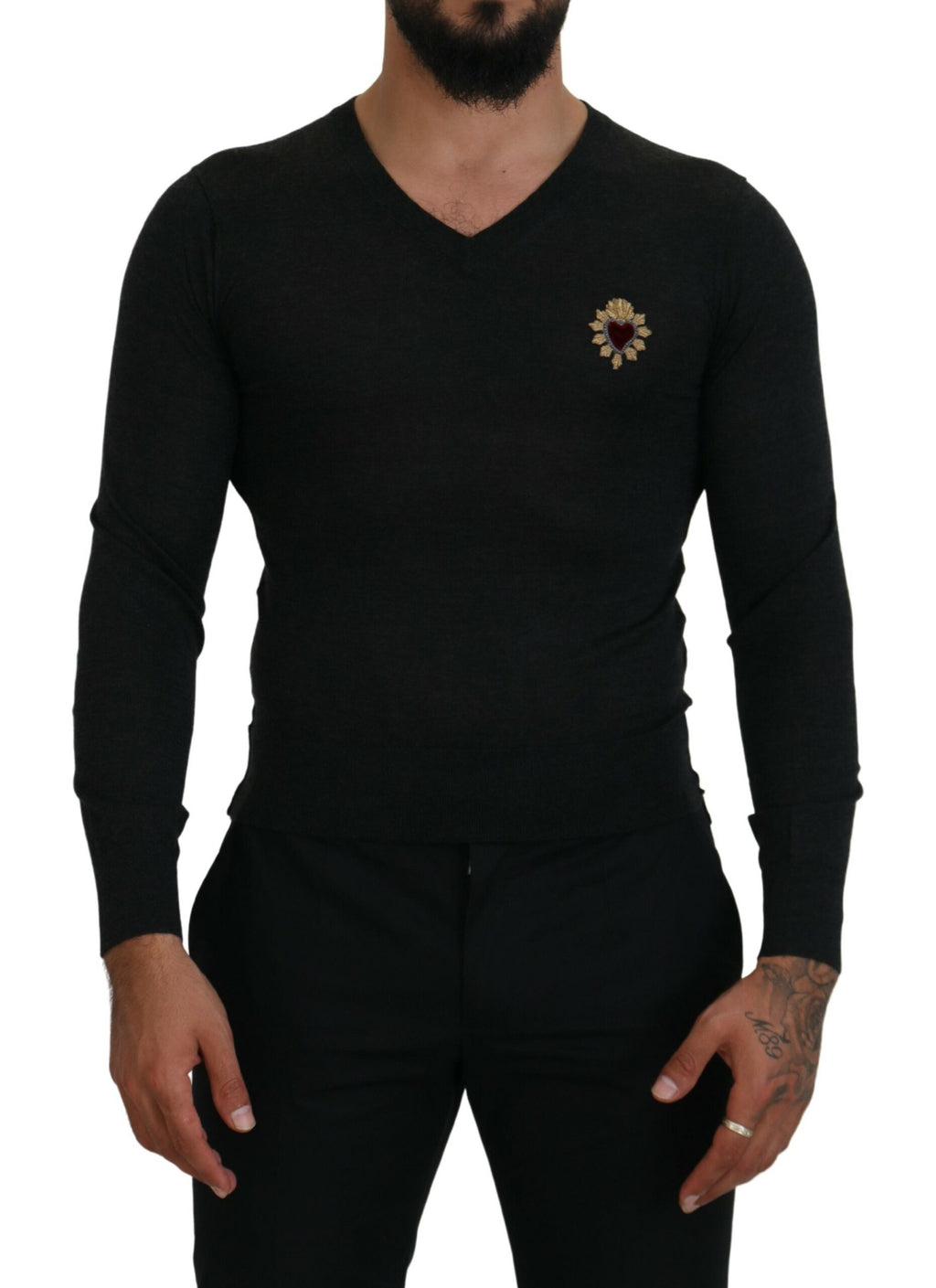 Dolce & Gabbana Gray Cashmere V-neck Gold Heart Sweater - Zeiniez