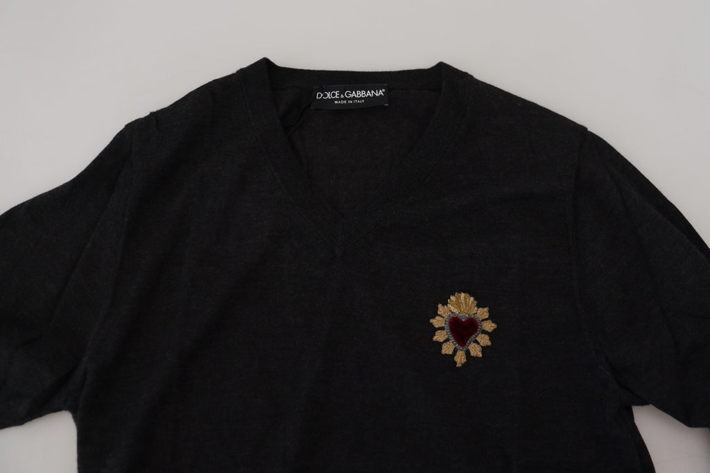 Dolce & Gabbana Gray Cashmere V-neck Gold Heart Sweater - Zeiniez