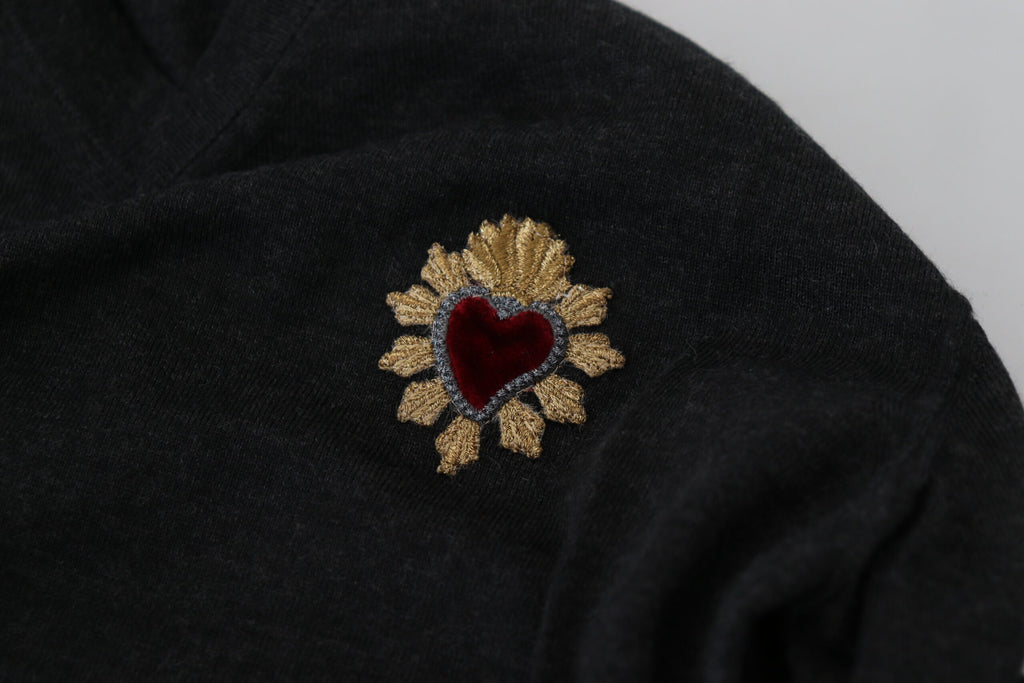 Dolce & Gabbana Gray Cashmere V-neck Gold Heart Sweater - Zeiniez