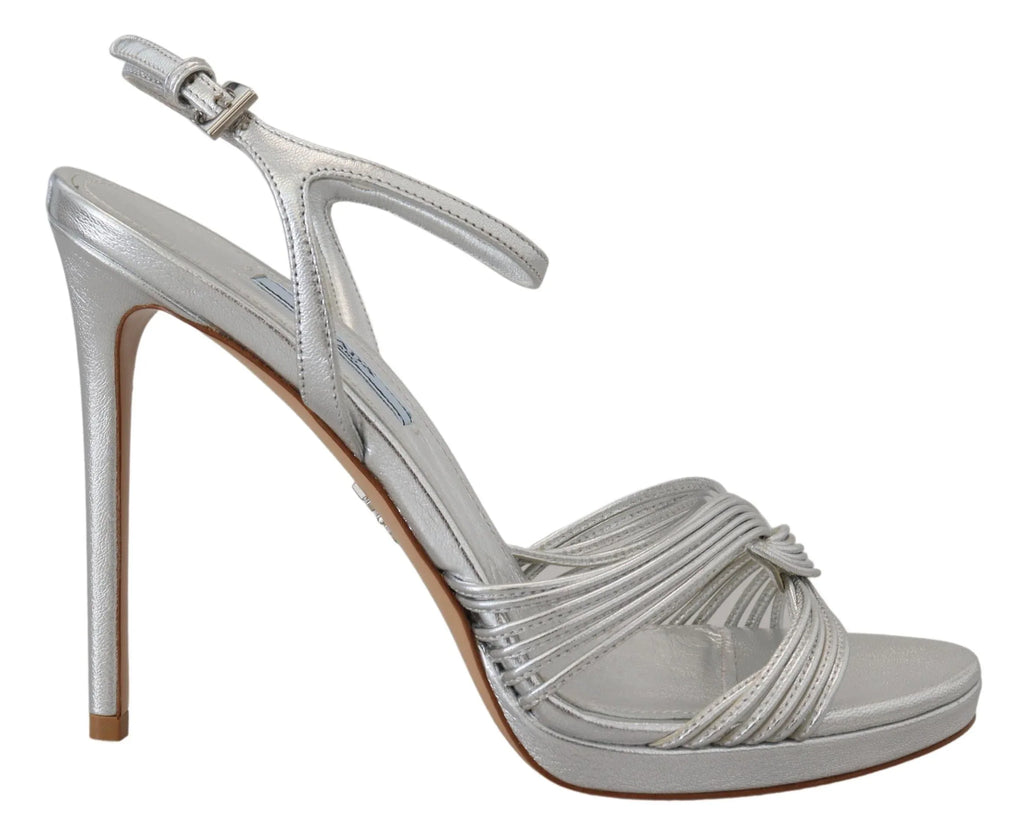 Prada Silver Leather Sandals Ankle Strap Heels Stiletto - Zeiniez